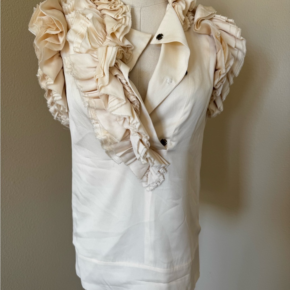 Silk Elegant Cream Ruffled Blouse – Size OS (Fits Many)